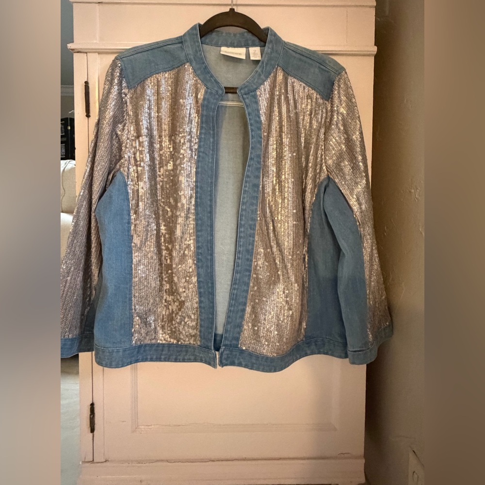 Chicos Sequin-Front Denim Jacket - Silver/Light Blue